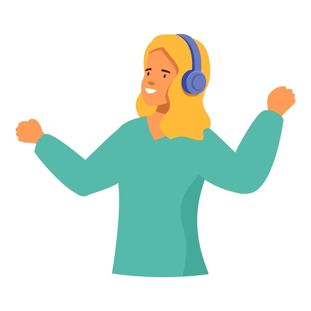 Vector happy young woman listening music in headphones and dancing