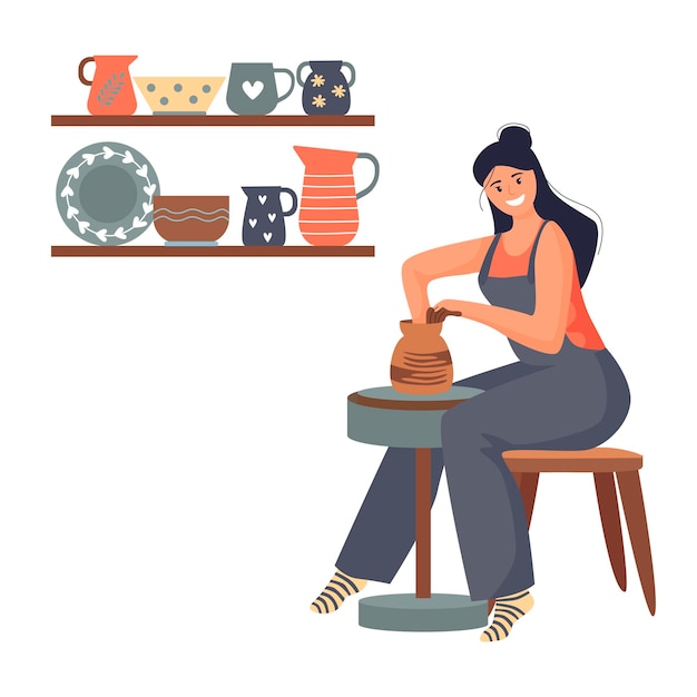 Vector a happy young woman making a ceramic pot on the pottery wheel in the workshop. vector illustration