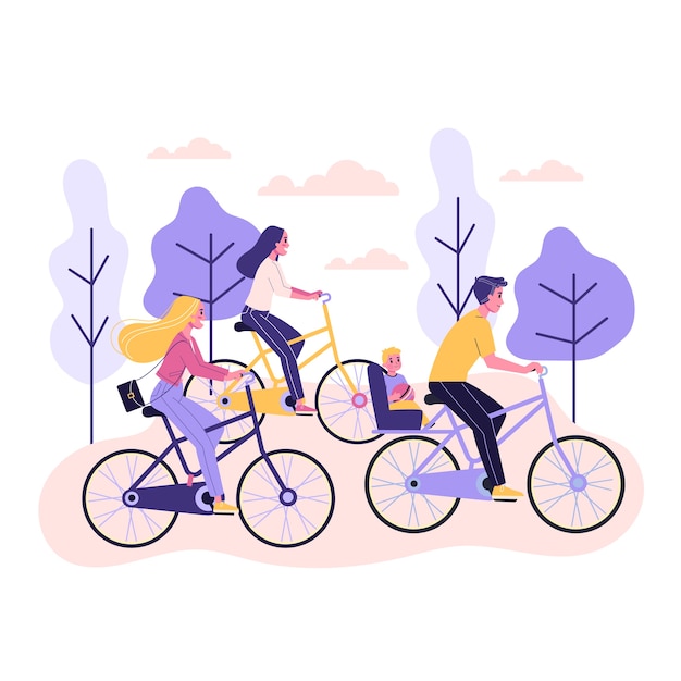 Happy young woman and man ride bicycle side view. Healthy and active lifestyle. Girl on the bike.   illustration in cartoon style