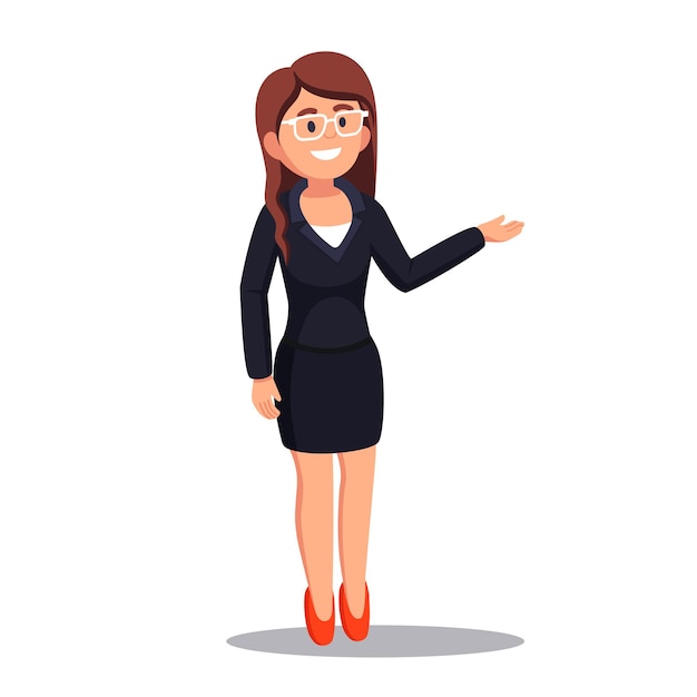 Happy young woman presenting and explaining smth. Confident smiling business woman gesturing with hands during business presentation