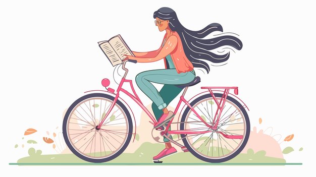 Vector happy young woman reading book on bicycle flat style