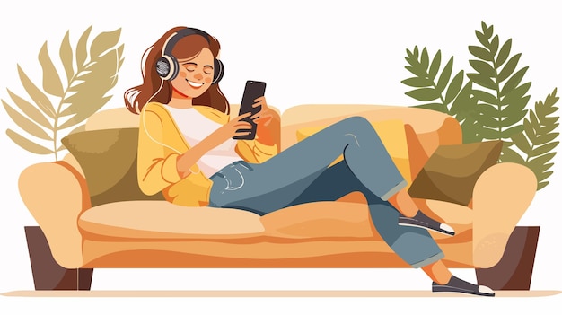 Vector happy young woman relaxing with headphones