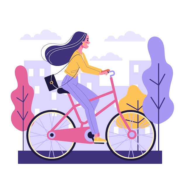 Happy young woman ride bicycle side view. Healthy and active lifestyle. Girl on the bike.   illustration in cartoon style