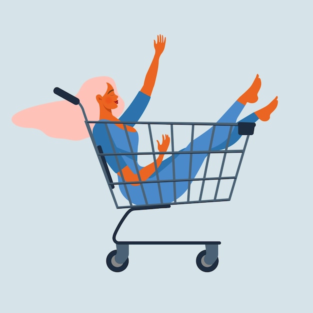 Happy young woman sitting in a supermarket shopping cart. Beautiful crazy hipster girl smiling