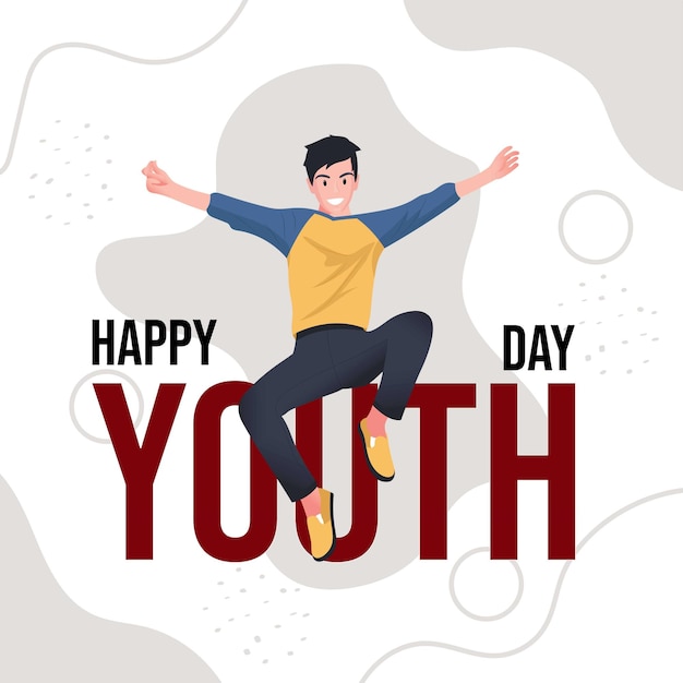 Happy youth day greeting card with young man jumping in the air Vector illustration