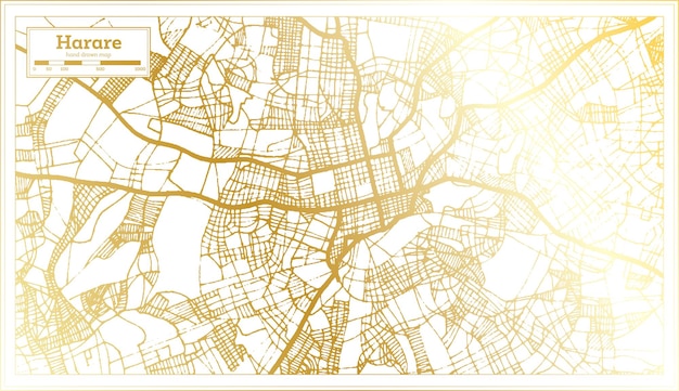 Harare Zimbabwe City Map in Retro Style in Golden Color Outline Map