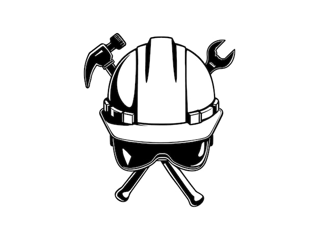 Vector hard hat line art with construction tools industrial safety helmet vector illustration