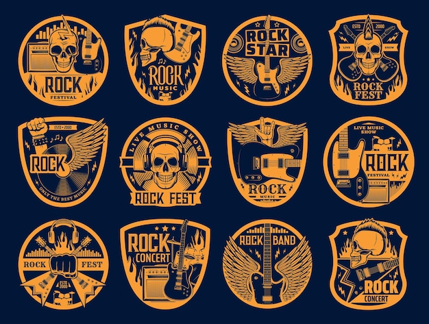 Hard rock music vector icons skull and guitar set