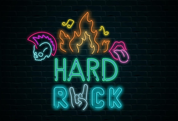 Hard rock neon colorful signboard with skull on black realistic bricklaying wall textured background