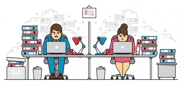 Hard working employees, man and woman, in office character business flat line illustration concept. Coworkers sitting nonstop with laptop at desk littered with bunch of document folders