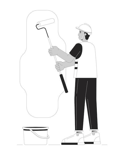 Vector hardhat contractor painting wall black and white cartoon flat illustration latino painter holding paint roller 2d lineart character isolated building renovation monochrome scene vector outline image