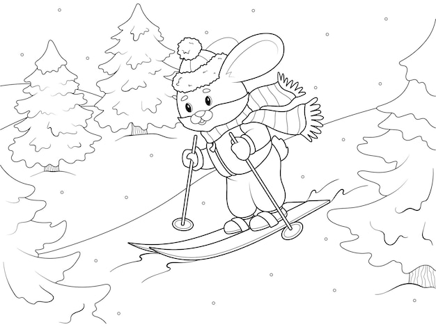 A hare skiing down the mountain Winter season ski resort Coloring book white background black lines