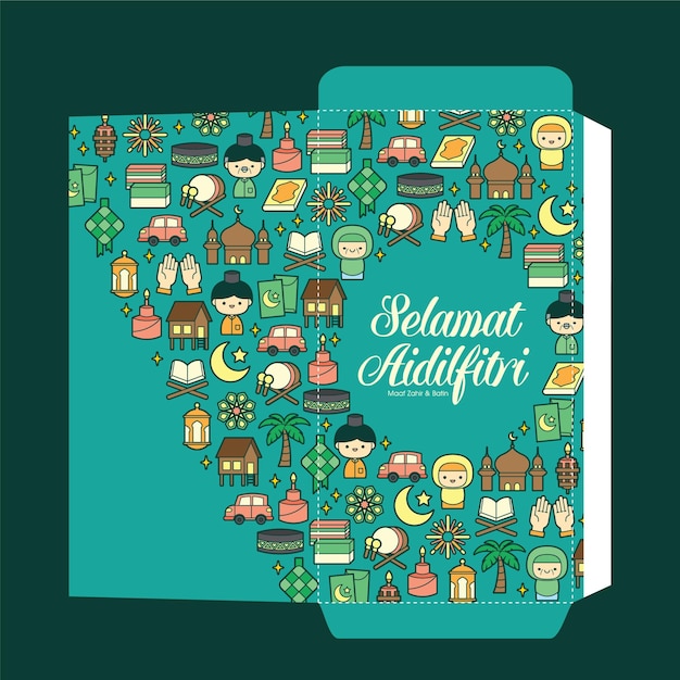 Hari Raya Aidilfitri or Eid al fitr green packet template with cute flat graphic