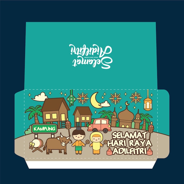 Hari Raya Aidilfitri or Eid al fitr green packet template with cute flat graphic