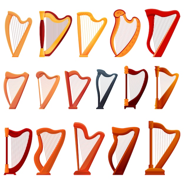 Harp icons set, cartoon style