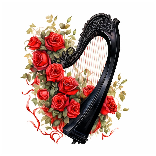 Harp with flowers watercolor paint