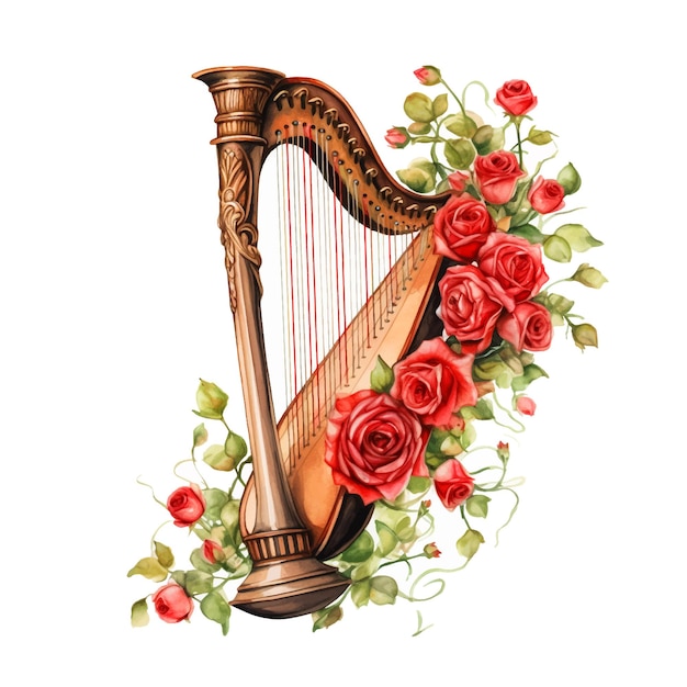 Harp with flowers watercolor paint