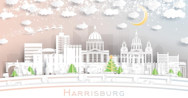 Harrisburg Pennsylvania USA Winter City Skyline in Paper Cut Style with Snowflakes Moon and Neon Garland Christmas New Year Concept Santa Claus on Sleigh Harrisburg Cityscape with Landmarks