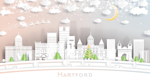 Hartford Connecticut USA City Skyline in Paper Cut Style with Snowflakes Moon and Neon Garland