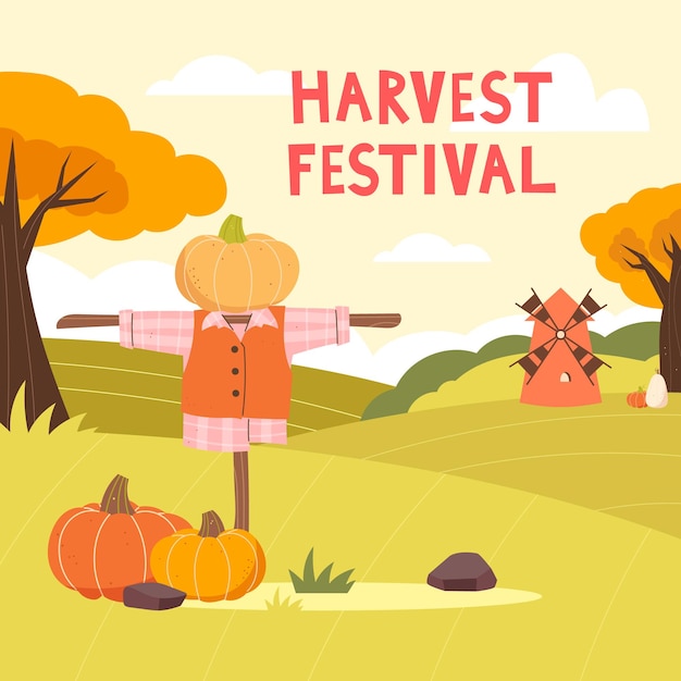 Vector harvest festival field autumn background scarecrow mill pumpkins in the field