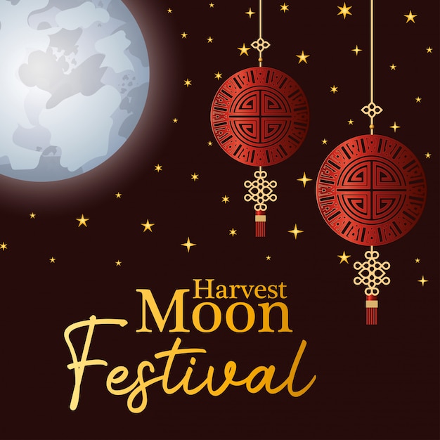 Harvest moon festival with red fortune hangers and stars