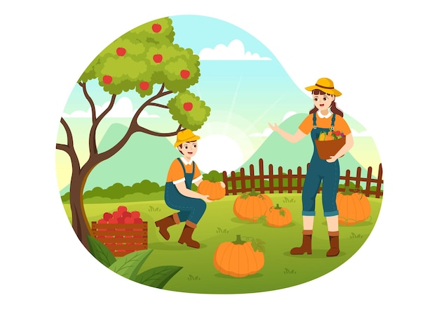 Harvest Season Vector Illustration with Autumn of Pumpkins and Seasonal Agricultural on a Farm