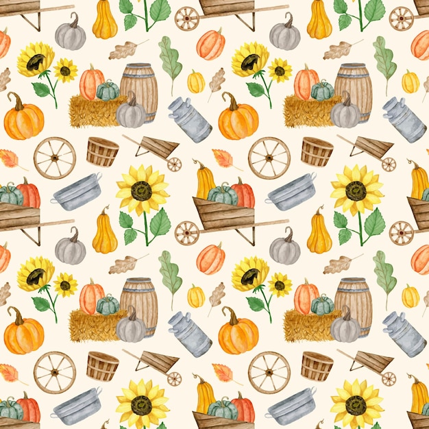 Harvest watercolor elements seamless pattern Autumn farmhouse w