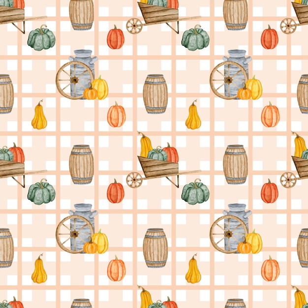 Harvest watercolor elements seamless pattern Autumn farmhouse w