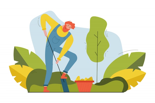 Harvesting, farming, sowing campaign, nature, agriculture concept. Young bearded happy smiling man farmer worker digging ground with shovel for planting seeds. Rural life in countryside illustration