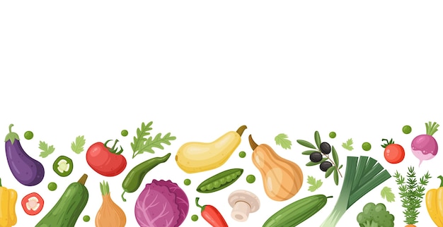 Harvesting fresh vegetables border seasonal greens and veggies vector background illustration