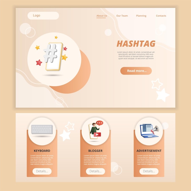 Hashtag flat landing page website template keyboard blogger advertisement web banner with header