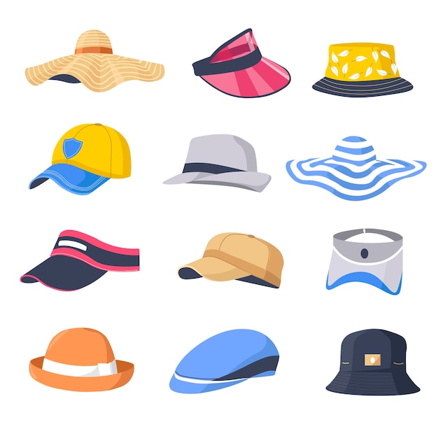 Hat and caps collection fashionable clothes and accessories for men and women Stylish sports wear and accessories headwear with visor protecting from sun panama with print Vector in flat style