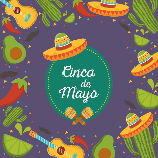 hat guitar pepper cactus cinco de mayo mexican celebration background