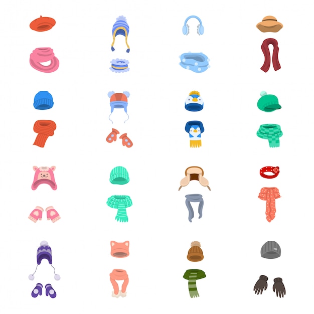 Hat of scarf cartoon icon set