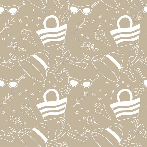 Hat, sunglasses, beach bag. Set of accessories for a beach holiday, vector seamless pattern