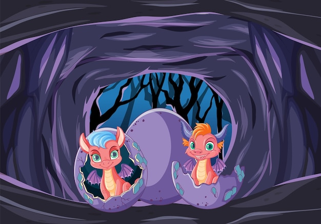 Vector hatching baby dragon in cave