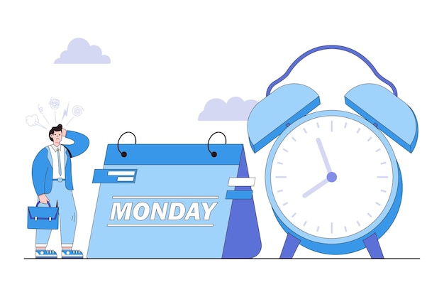 Hate monday morning fear of routine office job tired unhappy worker trying to start the work week burnout syndrome concepts Lazy businessman seeing alarm clock and calendar showing monday