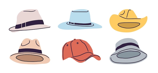 Hats set Cap A hat with a brim Baseball cap Vector illustration in a flat style