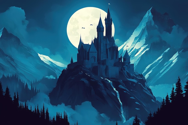 Vector a haunted castle in the moonlight illustrated by james gilleard stands on an isolated mountain top vintage film posters high quality ar 32 v 61 job id 4ceb784419ff45359f0ac093e104a6f4