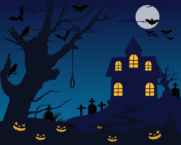 Haunted house for Halloween Party house with pumpkin, full moon. Halloween night background.