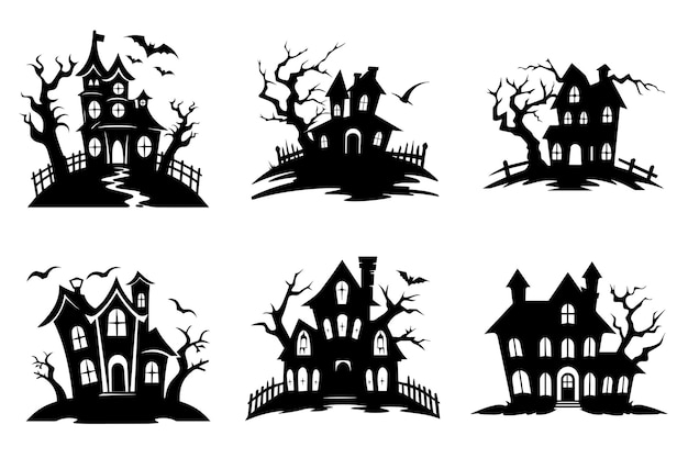 Haunted house silhouette collection Cartoon Halloween spooky ghost house Flat vector illustration