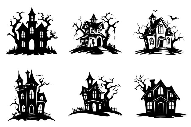 Haunted house silhouette collection Cartoon Halloween spooky ghost house Flat vector illustration