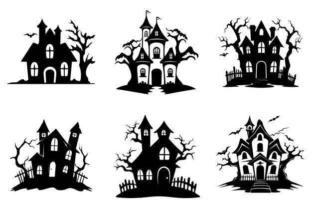 Haunted house silhouette collection Cartoon Halloween spooky ghost house Flat vector illustration