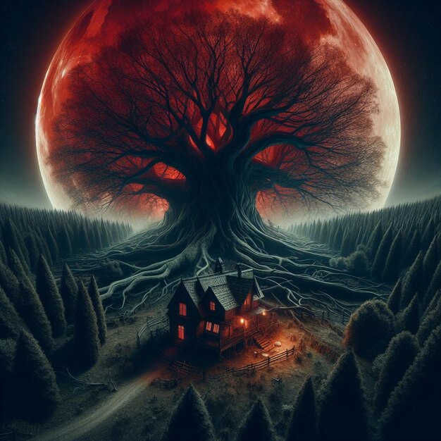 Vector haunted house in a spooky forest under a red moon