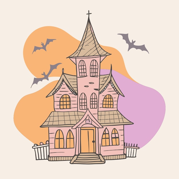 a haunted house with a tall pointed roof windows glowing with orange light and silhouettes of