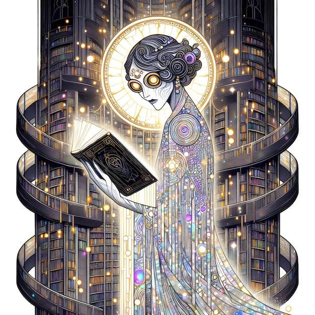 Haunted Library isolated on a white background featuring a spectral librarian with glowing eyes