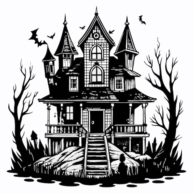 Haunted Mansion with Bats and Bare Trees in Spooky Black and White Illustration