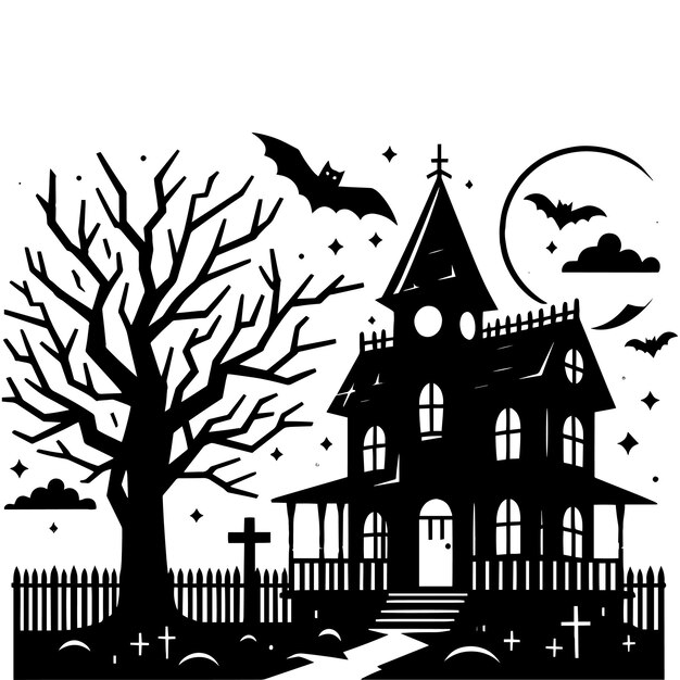 Vector haunted scary house silhouette on white background