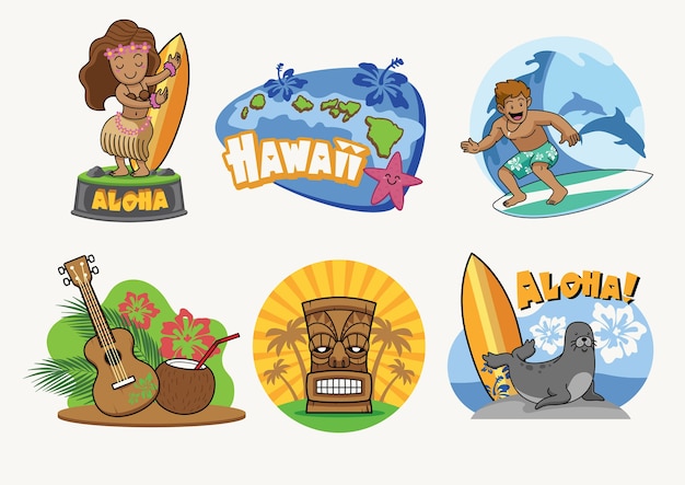 Hawaii cartoon badge design in set