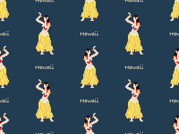 Hawaii cartoon character seamless pattern on blue background Pixel style